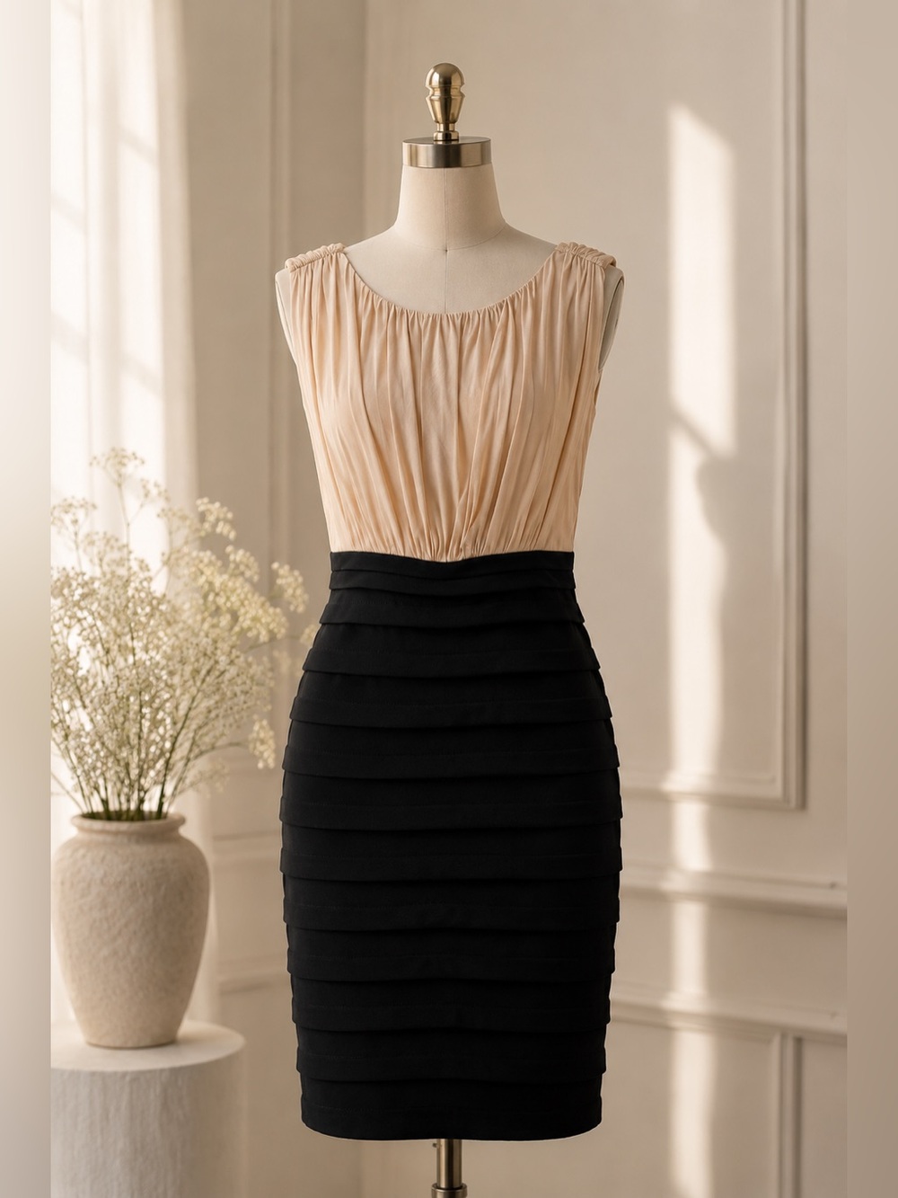 Melrose Two-Tone Pleated Midi Dress in Blush Black Size 10